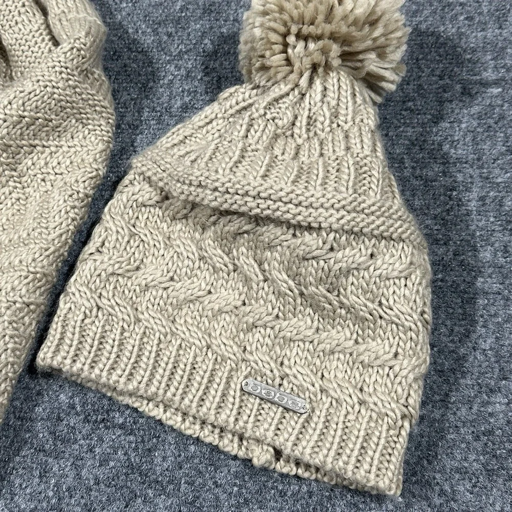 Bebe Tan Beige Cable Knit Scarf and Pom Beanie Hat Set OSFM Fringe‎ Logo